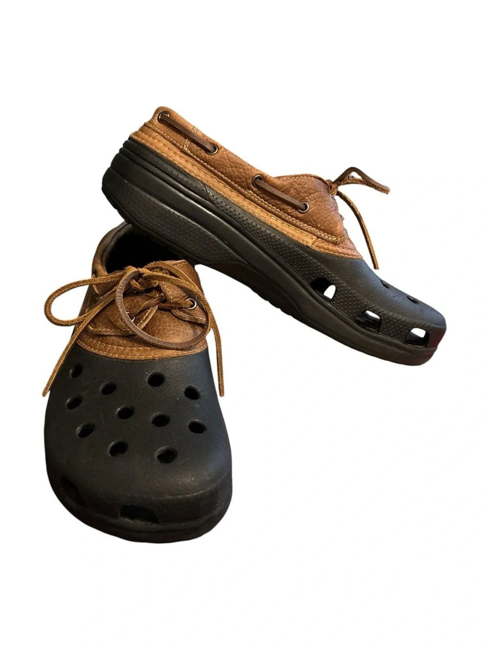 CROCS Islander Pitcrew W/P Two-Tone Slip-On Clog Leather Trim - Black and Brown